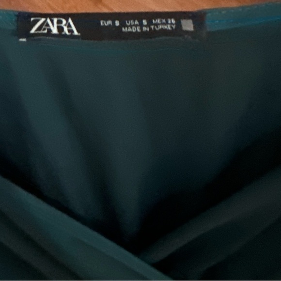 ZARA Teal Long Sleeve Satin Mini Dress Elastic Waist Ruffled Hem - Picture 2 of 3